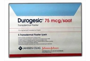 Fentanyl içeren DUROGESIC 75 MCG/SAAT 5 TRANSDERMAL FLASTER kutusu. Üretici: JOHNSON AND JOHNSON SIHHİ MALZEME SANAYİ VE TİCARET LİMİTED ŞİRKETİ.