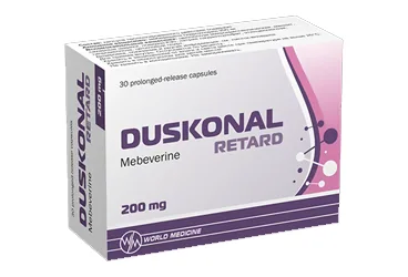Mebeverin hcl içeren kapsül: DUSKONAL 200 MG RETARD 30 KAPSUL ambalajı. Üretici: WORLD MEDICINE İLAÇ SAN. VE TİC. A.Ş.