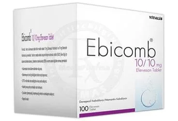 Memantin + donepezil içeren efervesan tablet: EBICOMB 10 MG / 10 MG 100 EFERVESAN TABLET ambalajı. Üretici: CELTİS İLAÇ SANAYİ VE TİCARET ANONİM ŞİRKETİ.