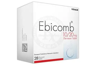 Memantin + donepezil içeren efervesan tablet: EBICOMB 10 MG / 20 MG 28 EFERVESAN TABLET ürün ambalajı. Üretici: CELTİS İLAÇ SANAYİ VE TİCARET ANONİM ŞİRKETİ.