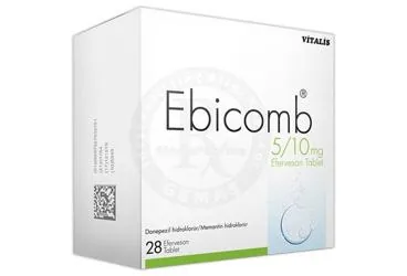 EBICOMB 5 MG / 10 MG 28 EFERVESAN TABLET kutu fotoğrafı. Memantin + donepezil içeren efervesan tablet. Üretici: CELTİS İLAÇ SANAYİ VE TİCARET ANONİM ŞİRKETİ.