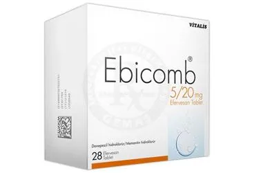EBICOMB 5 MG / 20 MG 28 EFERVESAN TABLET ambalajı, efervesan tablet formunda memantin + donepezil içerir. Üretici: CELTİS İLAÇ SANAYİ VE TİCARET ANONİM ŞİRKETİ.