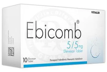 EBICOMB 5 MG / 5 MG 10 EFERVESAN TABLET ürün ambalajı, efervesan tablet formunda memantin + donepezil içerir. Üretici: CELTİS İLAÇ SANAYİ VE TİCARET ANONİM ŞİRKETİ.