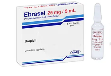 Urapidil içeren çözelti: EBRASEL 25 MG / 5 ML I.V. ENJEKSIYONLUK COZELTI ICEREN AMPUL ürün ambalajı. Üretici: HAVER FARMA İLAÇ ANONİM ŞİRKETİ.
