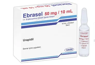 Urapidil içeren çözelti: EBRASEL 50 MG/10 ML I.V. ENJEKSIYONLUK COZELTI ICEREN AMPUL (5 AMPUL) kutu fotoğrafı. Üretici: HAVER FARMA İLAÇ ANONİM ŞİRKETİ.