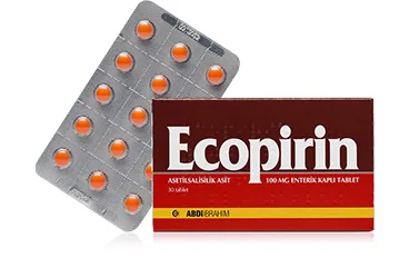 Asetilsalisilik asit içeren tablet: ECOPIRIN 100 MG 30 ENTERIK TABLET kutu fotoğrafı. Üretici: ABDİ İBRAHİM İLAÇ SANAYİ VE TİCARET A.Ş.