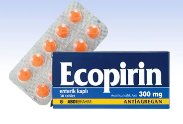 Asetilsalisilik asit içeren tablet: ECOPIRIN 300 MG 30 ENTERIK KAPLI TABLET ambalajı. Üretici: ABDİ İBRAHİM İLAÇ SANAYİ VE TİCARET A.Ş.