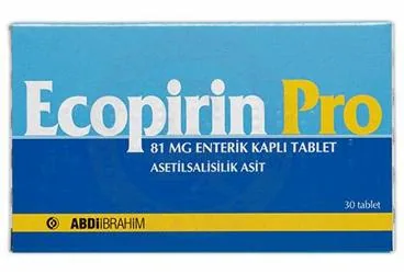 Asetilsalisilik asit içeren tablet: ECOPIRIN PRO 81 MG 30 ENTERIK KAPLI TABLET ürün ambalajı. Üretici: ABDİ İBRAHİM İLAÇ SANAYİ VE TİCARET A.Ş.
