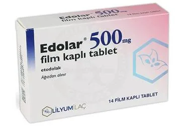 Etodolak içeren film kaplı tablet: EDOLAR 500 MG 14 FILM TABLET ürün ambalajı. Üretici: LİLYUM İLAÇ VE KİMYA SANAYİ TİCARET ANONİM ŞİRKETİ.
