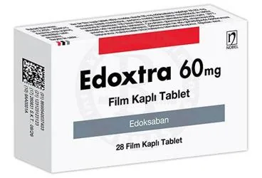 EDOXTRA 60 MG FILM KAPLI TABLET (28 TABLET) kutu fotoğrafı, film kaplı tablet formunda edoksaban içerir. Üretici: NOBEL İLAÇ SAN. VE TİC. A.Ş.