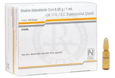 EFEDRIN HIDROKLORUR 0,05 g BIOSEL 1 MLX100 AMPUL kutu fotoğrafı, ampul formunda efedrin hcl içerir. Üretici: OSEL İLAÇ SANAYİ VE TİCARET ANONİM ŞİRKETİ.