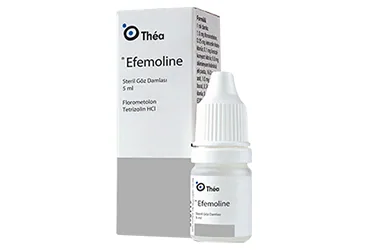 EFEMOLINE 1 MG/ML + 0.25 MG/ML GOZ DAMLASI, SUSPANSIYON ambalajı. Fluorometholon + tetrahidrozoılin + benzalkonyum klorür -oftalmik içeren süspansiyon. Üretici: THEA PHARMA İLAÇ TİC.LTD.ŞTİ.
