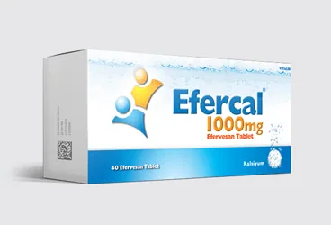 EFERCAL 1000 MG 30 EFERVESAN TABLET kutusu. Kalsiyum karbonat içeren efervesan tablet. Üretici: CELTİS İLAÇ SAN. VE TİC. A.Ş.