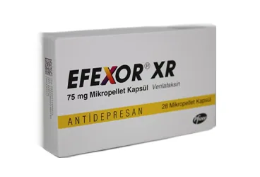 EFEXOR XR 75 MG 28 KAPSUL kutu fotoğrafı, kapsül formunda venlafaksin hcl içerir. Üretici: VİATRİS İLAÇLARI LİMİTED ŞİRKETİ.