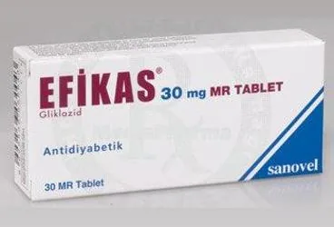 EFIKAS MR 30 MG 30 TABLET ürün ambalajı. Gliklazid içeren tablet. Üretici: SANOVEL İLAÇ SANAYİ VE TİCARET ANONİM ŞİRKETİ.