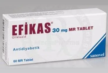 Gliklazid içeren tablet: EFIKAS MR 30 MG 60 TABLET kutusu. Üretici: SANOVEL İLAÇ SANAYİ VE TİCARET ANONİM ŞİRKETİ.