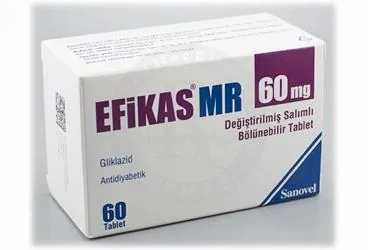 EFIKAS MR 60 MG DEGISTIRILMIS SALIMLI BOLUNEBILIR 60 TABLET (gliklazid) kutu fotoğrafı, tablet. Üretici: SANOVEL İLAÇ SANAYİ VE TİCARET ANONİM ŞİRKETİ.