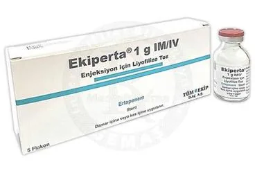 EKIPERTA 1 G IM/IV ENJEKSIYON ICIN LIYOFILIZE TOZ (5 FLAKON) (ertapenem) ambalajı, flakon. Üretici: TÜM - EKİP İLAÇ A.Ş.