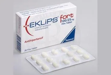 EKLIPS FORT 100/25 28 FİLM TABLET ürün ambalajı, film kaplı tablet formunda losartan potasyum + hidroklortiyazid içerir. Üretici: SANOVEL İLAÇ SANAYİ VE TİCARET ANONİM ŞİRKETİ.