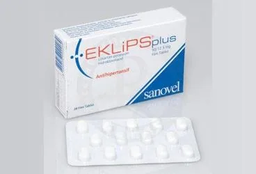 Losartan potasyum + hidroklortiyazid içeren film kaplı tablet: EKLIPS PLUS 50/12,5 28 FİLM TABLET kutu fotoğrafı. Üretici: SANOVEL İLAÇ SANAYİ VE TİCARET ANONİM ŞİRKETİ.
