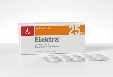 Deksketoprofen içeren film kaplı tablet: ELEKTRA 25 MG FILM KAPLI TABLET (20 FILM KAPLI TABLET) kutu fotoğrafı. Üretici: SANTA FARMA İLAÇ SAN. A.Ş.