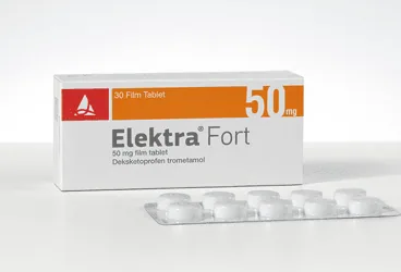 ELEKTRA FORT 50 MG FILM KAPLI TABLET (20 FILM KAPLI TABLET) kutusu. Deksketoprofen içeren film kaplı tablet. Üretici: SANTA FARMA İLAÇ SAN. A.Ş.