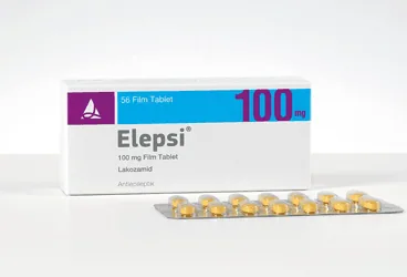 Lakozamid içeren film kaplı tablet: ELEPSI 100 MG FILM KAPLI TABLET (56 FILM KAPLI TABLET) ürün ambalajı. Üretici: SANTA FARMA İLAÇ SAN. A.Ş.