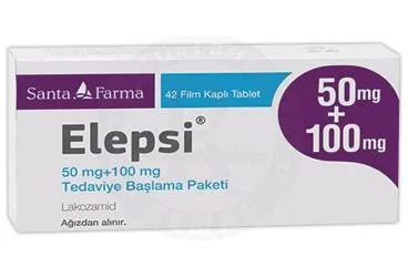 ELEPSI 50 MG+100 MG TEDAVIYE BASLAMA PAKETI(42 ADET) ambalajı. Etkin maddesi lakozamid. Üretici: SANTA FARMA İLAÇ SAN. A.Ş.