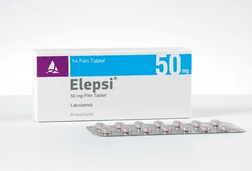 ELEPSI 50 MG FILM KAPLI TABLET (14 FILM KAPLI TABLET) ürün ambalajı. Lakozamid içeren film kaplı tablet. Üretici: SANTA FARMA İLAÇ SAN. A.Ş.