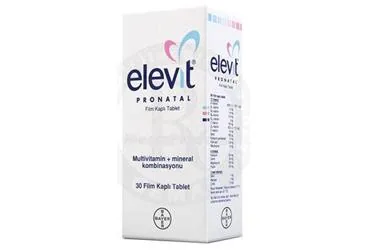 ELEVIT PRONATAL 30 FİLM KAPLI TABLET ürün ambalajı. Mültivitamin pronatal içeren film kaplı tablet. Üretici: BAYER TÜRK KİMYA SAN. LTD. ŞTİ.