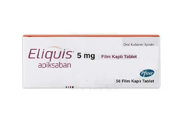 Apiksaban içeren film kaplı tablet: ELIQUIS 5 MG FILM KAPLI TABLET (56 TABLET) kutu fotoğrafı. Üretici: PFİZER PFE İLAÇLARI ANONİM ŞİRKETİ.