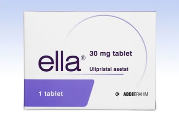 Ulipristal içeren film kaplı tablet: ELLA 30 MG FILM KAPLI TABLET (1 TABLET) ambalajı. Üretici: ABDİ İBRAHİM İLAÇ SANAYİ VE TİCARET A.Ş.