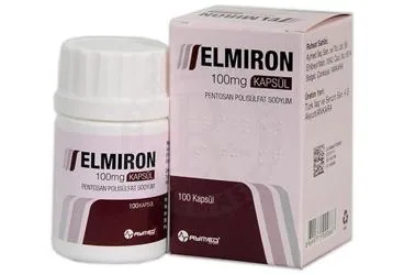 Pentosan polisülfat sodyum içeren kapsül: ELMIRON 100 MG 100 KAPSUL ambalajı. Üretici: AYMED İLAÇ.SAN.TİC.LTD.ŞTİ.