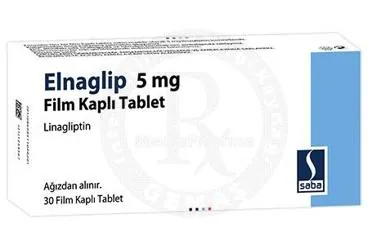 Linagliptin içeren film kaplı tablet: ELNAGLIP 5 MG FILM KAPLI TABLET (30 FILM KAPLI TABLET) ürün ambalajı. Üretici: SABA İLAÇ SANAYİİ VE TİCARET ANONİM ŞİRKETİ.