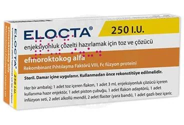 ELOCTA 250 IU IV ENJEKSIYONLUK COZELTI HAZIRLAMAK ICIN TOZ VE COZUCU ambalajı. Anti hemofilik faktör 8 içeren çözelti. Üretici: PROCEUTİCA İLAÇ PAZARLAMA VE DANIŞMANLIK ANONİM ŞİRKETİ.