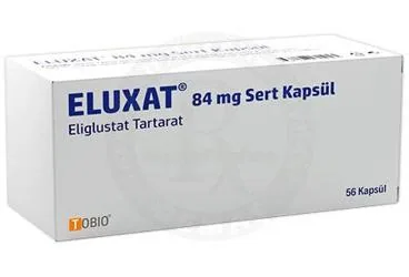 Eliglustat içeren kapsül: ELUXAT 84 MG SERT KAPSUL (56 KAPSUL) ambalajı. Üretici: TOBIO İLAÇ SANAYİ VE TİCARET ANONİM ŞİRKETİ.