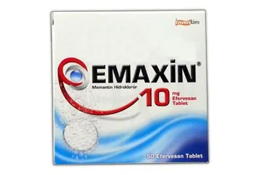 EMAXIN 10 MG 100 EFERVESAN TABLET (memantin) ürün ambalajı, efervesan tablet. Üretici: NEUTEC İLAÇ SANAYİ TİCARET ANONİM ŞİRKETİ.