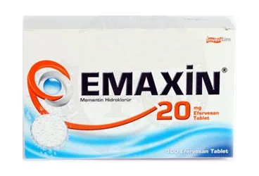 EMAXIN 20 MG 100 EFERVESAN TABLET ürün ambalajı. Memantin içeren efervesan tablet. Üretici: NEUTEC İLAÇ SANAYİ TİCARET ANONİM ŞİRKETİ.