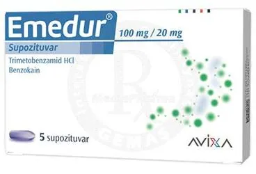 Trimetobenzamid + benzokain içeren EMEDUR 100 MG+20 MG 5 SUPPOZITUAR kutusu. Üretici: OPELLA HEALTHCARE TÜKETİCİ SAĞLIĞI ANONİM ŞİRKETİ.