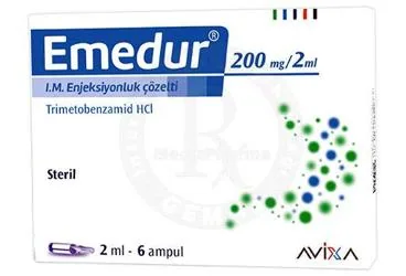 EMEDUR 200 MG / 2 ML IM ENJEKSIYONLUK COZELTI (6 ADET) ürün ambalajı. Trimetobenzamid içeren çözelti. Üretici: OPELLA HEALTHCARE TÜKETİCİ SAĞLIĞI ANONİM ŞİRKETİ.