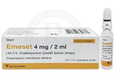 EMESET 4 MG/2ML IM/IV ENJEKSIYONLUK COZELTI ICEREN 1 AMPUL ürün ambalajı. Ondansetron hcl içeren çözelti. Üretici: KOÇAK FARMA İLAÇ VE KİMYA SANAYİ A.Ş.