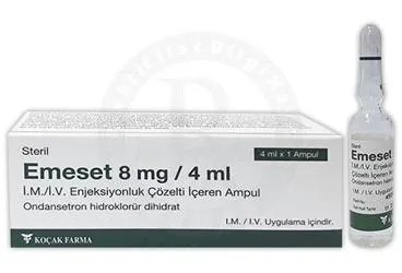 EMESET 8 MG/4ML IM/IV ENJEKSIYONLUK COZELTI ICEREN 1 AMPUL (ondansetron hcl) ürün ambalajı, çözelti. Üretici: KOÇAK FARMA İLAÇ VE KİMYA SANAYİ A.Ş.