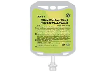 EMESMOX 400 MG/ 250 ML IV INFUZYONLUK COZELTI ürün ambalajı. Moksifloksasin içeren çözelti. Üretici: SM PHARMA İLAÇ SANAYİ LİMİTED ŞİRKETİ.