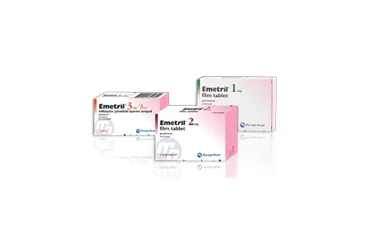 Granisetron içeren film kaplı tablet: EMETRIL 1 MG 10 FILM TABLET kutusu. Üretici: GENSENTA İLAÇ SANAYİ VE TİCARET ANONİM ŞİRKETİ.