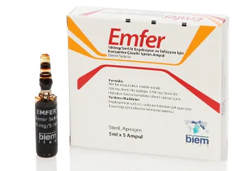 EMFER 100MG/5ML ENJEKSİYON VE INFUZYON ICIN KONSANTRE COZELTI ICEREN 5 AMPUL ürün ambalajı, çözelti formunda demir iii hidroksit sükroz içerir. Üretici: BİEM İLAÇ SAN. VE TİC. A.Ş.