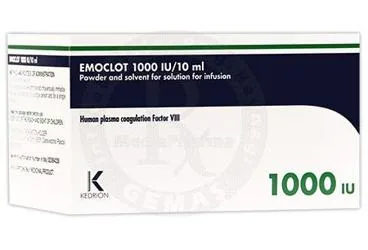 EMOCLOT 1000 IU/10 ML IV INFUZYONLUK COZELTI HAZIRLAMAK ICIN TOZ VE COZUCU kutusu. Anti hemofilik faktör 8 içeren çözelti. Üretici: KEDRİON BETAPHAR BİYOFARMASÖTİK İLAÇ SANAYİ VE TİCARET ANONİM ŞİRKETİ.