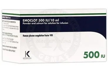 EMOCLOT 500 IU/10 ML IV INFUZYONLUK COZELTI HAZIRLAMAK ICIN TOZ VE COZUCU kutusu. Anti hemofilik faktör 8 içeren çözelti. Üretici: KEDRİON BETAPHAR BİYOFARMASÖTİK İLAÇ SANAYİ VE TİCARET ANONİM ŞİRKETİ.