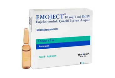 EMOJECT 10 MG/2 MLx5 ML IM/IV AMPUL ambalajı. Metoklopramid içeren ampul. Üretici: TÜM - EKİP İLAÇ A.Ş.