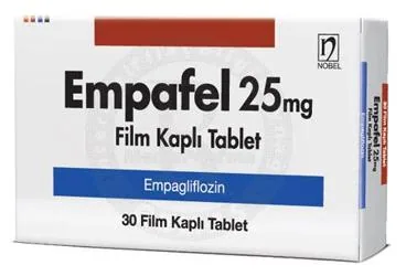 Empagliflozin içeren film kaplı tablet: EMPAFEL 25 MG FILM KAPLI TABLET (30 TABLET) kutusu. Üretici: NOBEL İLAÇ SAN. VE TİC. A.Ş.