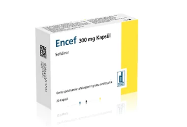 Sefdinir içeren kapsül: ENCEF 300 MG 10 KAPSÜL ürün ambalajı. Üretici: DEVA HOLDİNG ANONİM ŞİRKETİ.